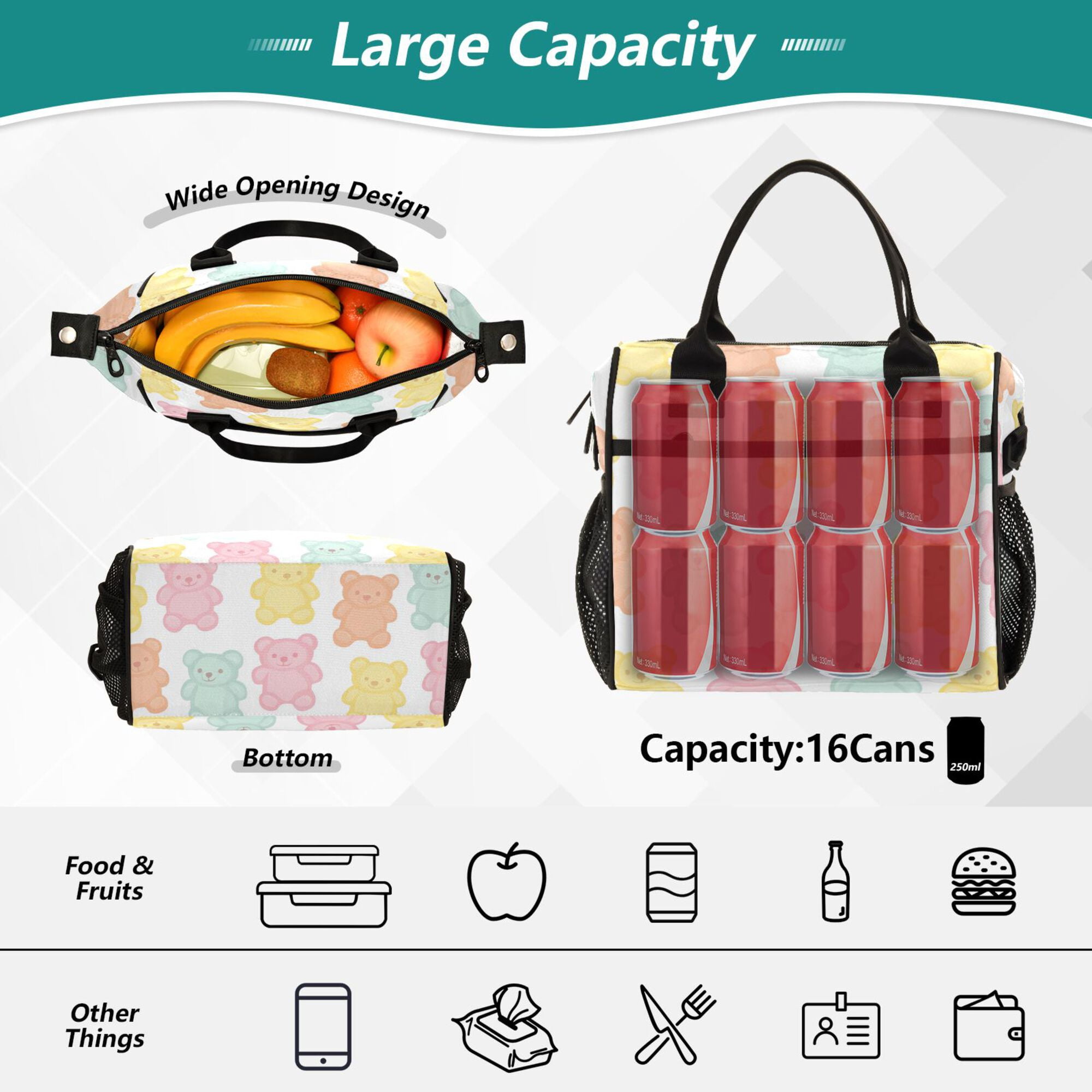 FORMRS Insulated Lunch Bag Unisex Large Capacity with Shoulder Strap, Cute Gummy Bears Pattern