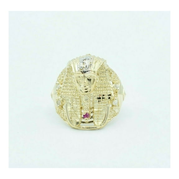 Diamond-Cut CZ Textured Pharaoh with Ruby Men’s Adult Ring 10K Two-Tone Gold, 5.93 Gr – Goldum NYC