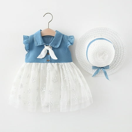 

Hunpta Infant Baby Girls 6M-3Y Fly Sleeve Denim Patchwork Floral Tulle Princess Dress Hat Set