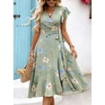 thumbnail image 3 of Green Floral Print Wrap Midi Dress With Ruffle Sleeves And V-Neck For Women, 3 of 7