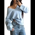 thumbnail image 1 of Suéter Informal Cómodo de Color Liso con Cuello en V, Larga y Punto Acanalado Suave para Mujer. Azul L, 1 of 7
