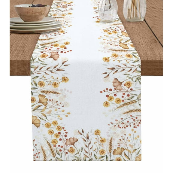 Fall Flowers Burlap Cotton Table Runner 13x90 Inches Long, Country Watercolor Wildflowers Leaves Farmhouse Table Runners, Outdoor Dining Tablecloths Decor for Baby Shower/Party/Wedding