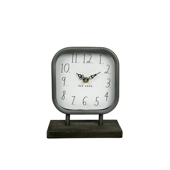 Rae Dunn Horloge de Bureau - Design Rustique Moderne en Métal à Piles avec Base en Bois pour Chambre, Bureau, Cuisine - Petit Affichage Analogique Classique - Décoration Chic pour Table de Bureau, Comptoir