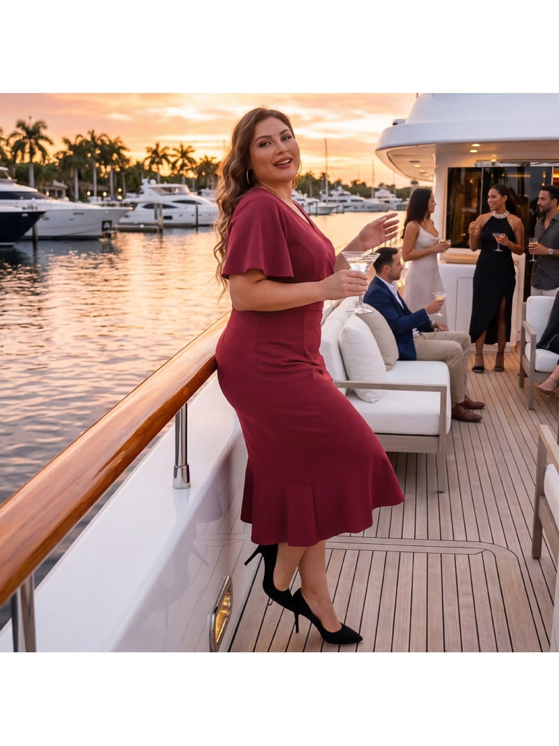burgundy wrap dress plus size Agnes Orinda Women's Plus Size Formal Dresses Wrap V Neck Ruffled Short Sleeve Cocktail Party Wrap Dress 3X Burgundy, Size: 3XL, Blue