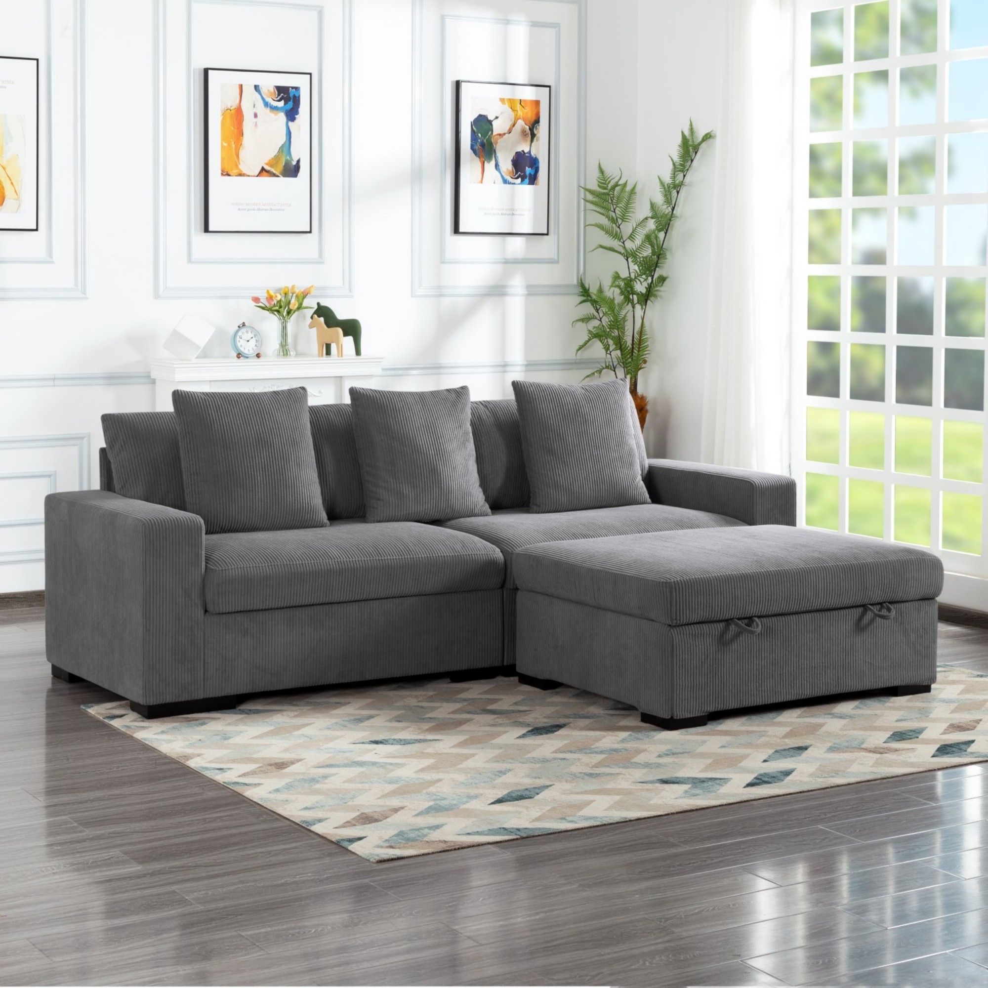 Gewnee 103.5-Inch Modular Corduroy Sofa Set with Solid Wood Legs, High-Density Foam, Suitable for Living Room/Bedroom/Office
