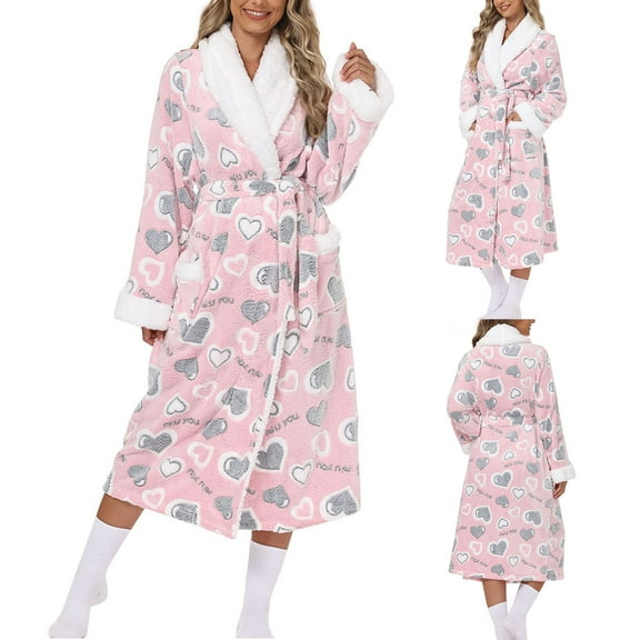 THDHVS Pajamas for Women,Womens Robe,Women Plush Bathrobe with Long Sleeves and Thickened Fabric for Winter Home Comfortable and Spa Like Relaxation Pink L