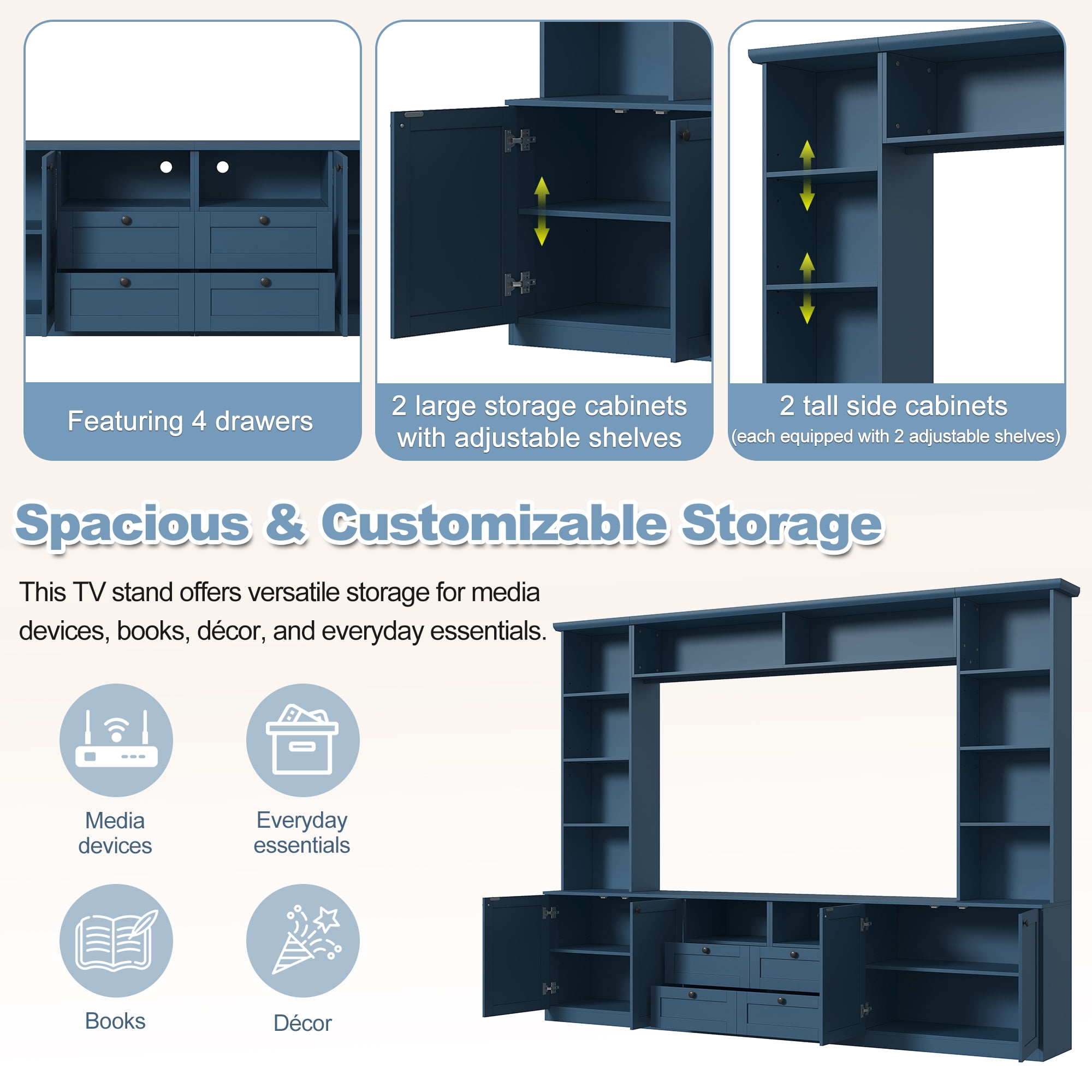Farmhouse Entertainment Center Wall Unit with Bridge, 4 Drawers, Adjustable Shelves, Modern TV Stand for TVs Up to 70", Modern Media Console Cabinet with Storage for Living Room