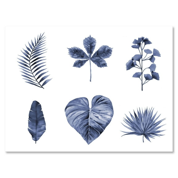Abstract Set Of Plant Leaves Blue 12 in x 8 in Painting Canvas Art Print, by Designart