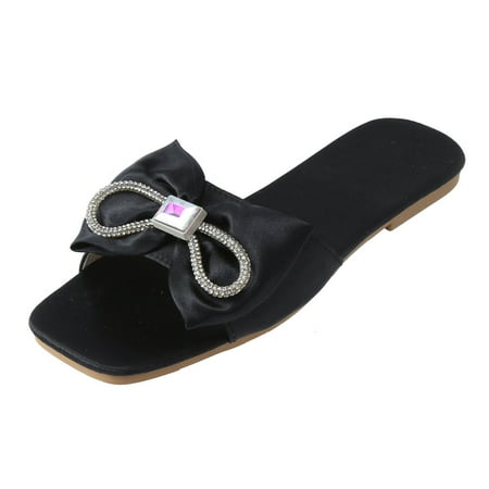 

GNEIKDEING Ladies Summer Satin Fabric Rhinestone Bow Open Toe Flat Beach Sandals Gift on Clearance