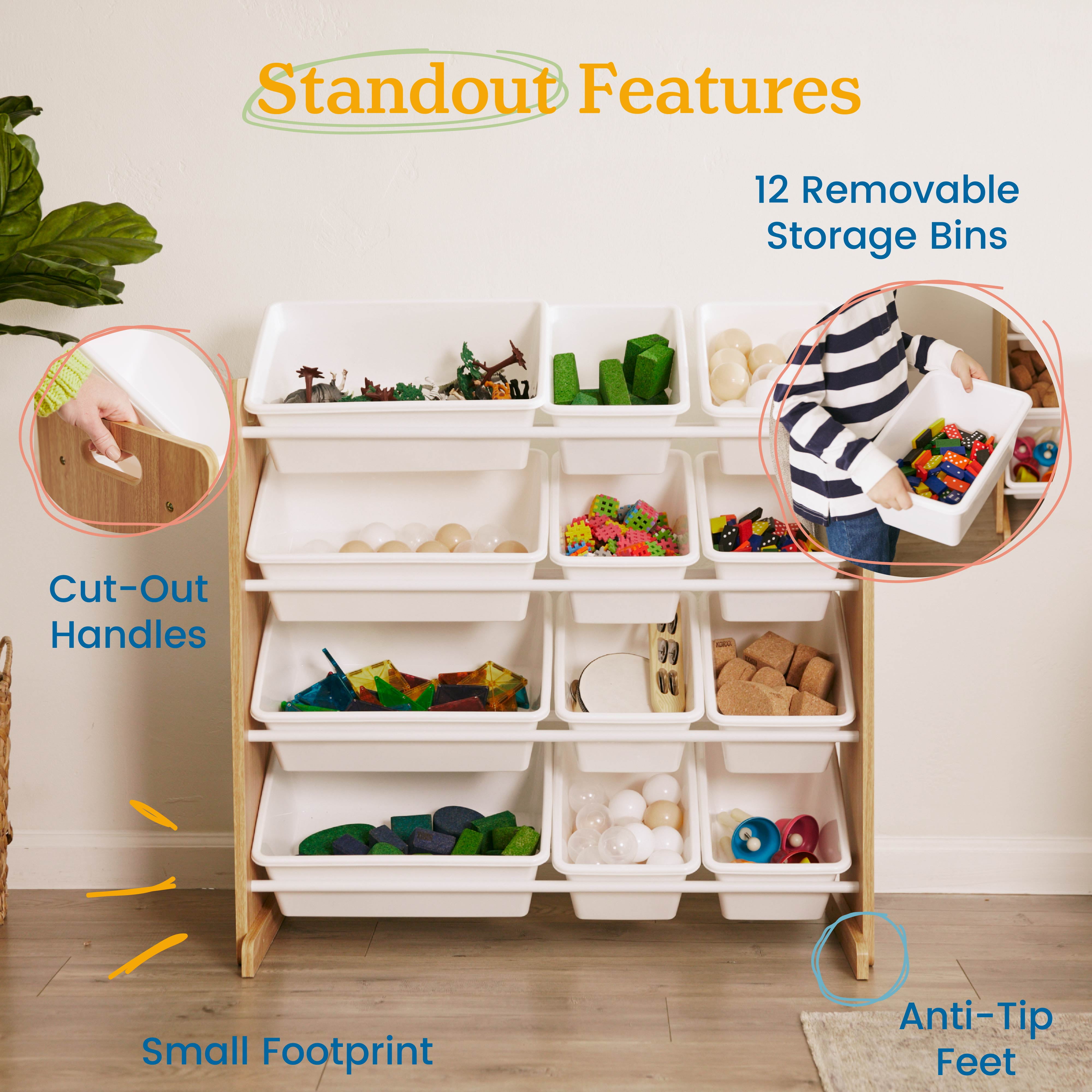 ECR4Kids 4-Tier Organizer with 12 Removable Plastic Bins, 4x3, Toy Storage, Dark Natural/White