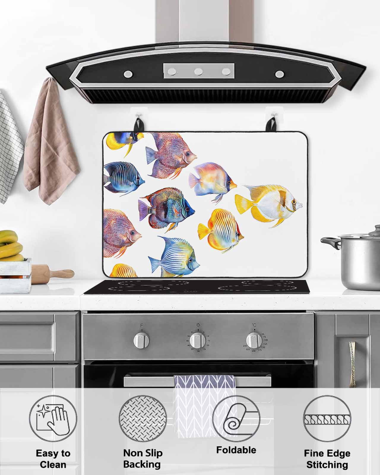 nqOlkjepod Large Induction Cooktop Protector Mat 24"x21", Coastal Fishes Stove Top Covers for Electric Stove, Summer Beach Ocean Life Watercolor Stove Burner Cover Mats, Glass Top Stove Cover