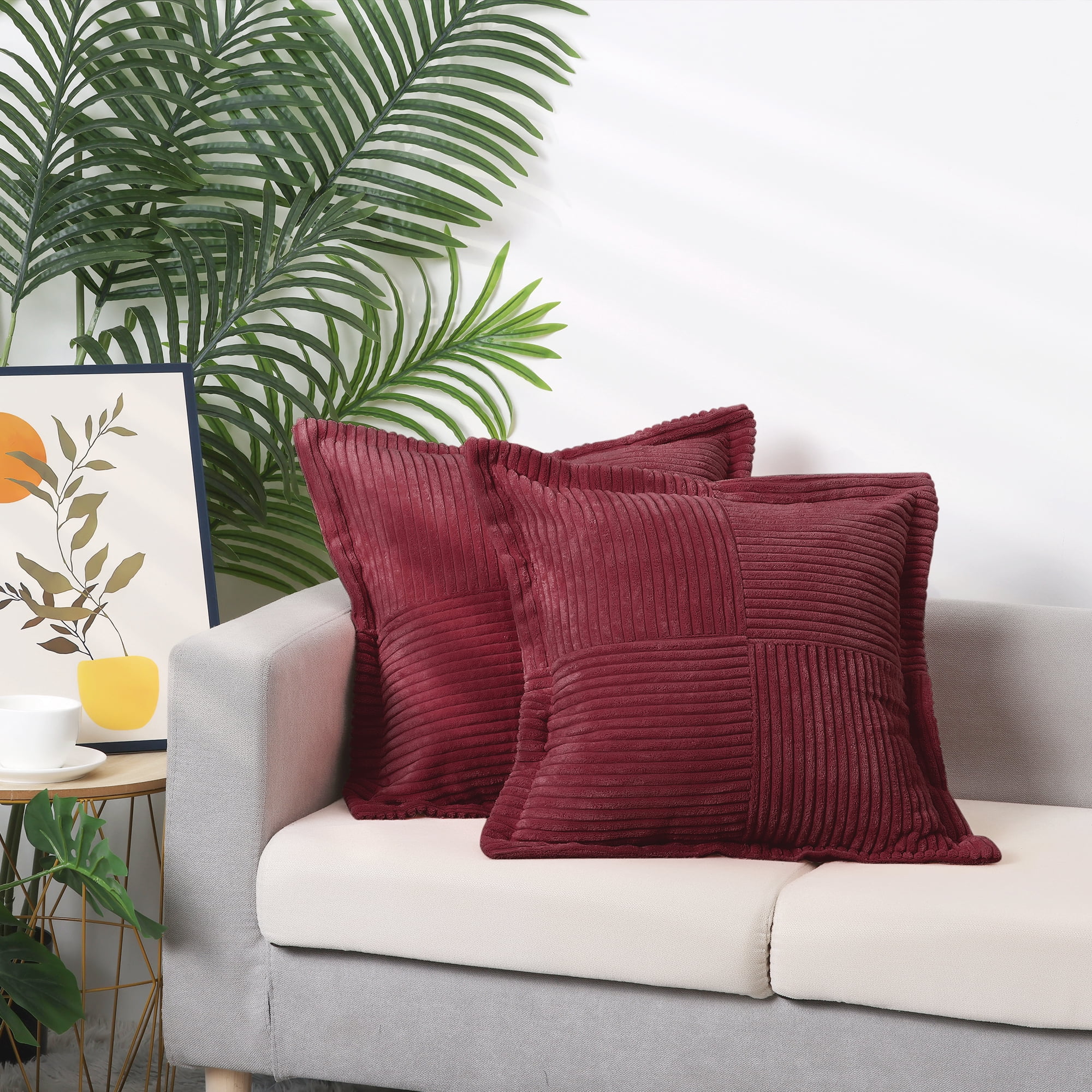 Unique Bargains 2 Solid Corduroy Throw Pillow Covers Wide Bordered Decorative Cushion Case Red 18" x 18"