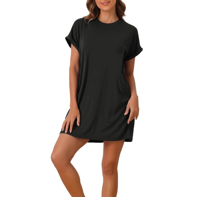 INSPIRAR CHIC Vestido de Noche para Mujeres, Vestido de Dormir de Manga Corta, Cuello Redondo, Suave, con Bolsillos, XL Negro