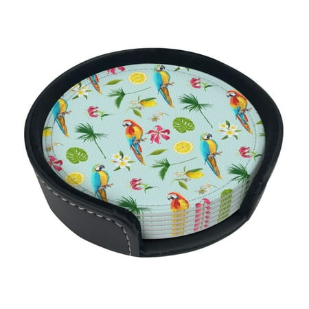

Round Pu Leather Coaster Tropical Parrots Heat - Resistant Beverage Cup Mat-Fancy Decor For Kitchen Office Dining Room Table - Drink Protector 6-Slice