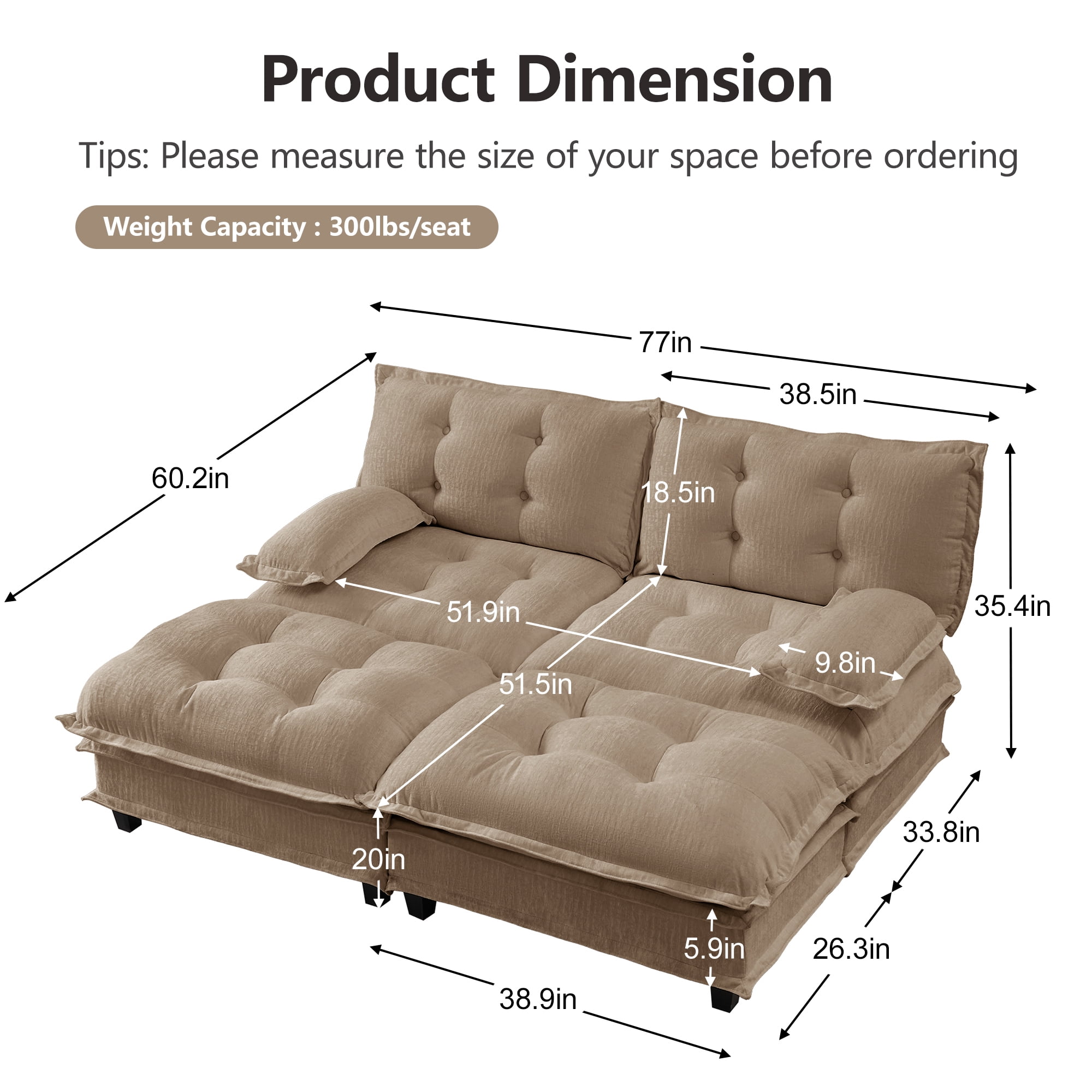 AISWORD 77" Sleeper Modular Sectional Cloud Sofa with 2 Ottomans, Chenille Fabric Deep Seat Couch with Lattice Decored Cushions
