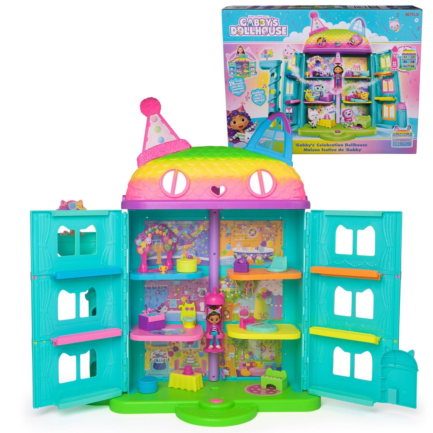 Gabby’s Dollhouse, 15-Piece Rainbow-Themed, Celebration Dollhouse, Toy Figures, Doll House Furniture & 10 Sounds, Kids Toys for Girls & Boys Ages 3+