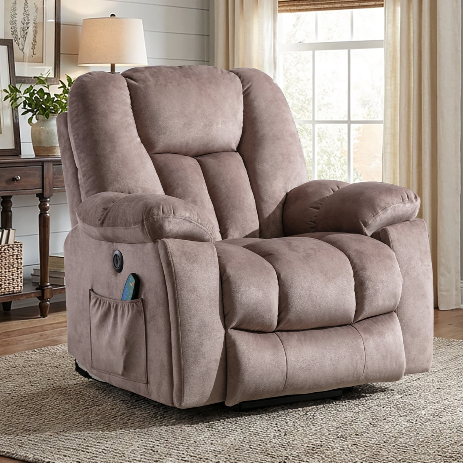 Ebello Large Power Lift Recliner Chair with Heat Massage, USB Ports - Ergonomic Recliner Chair for Elderly, Light Brown
