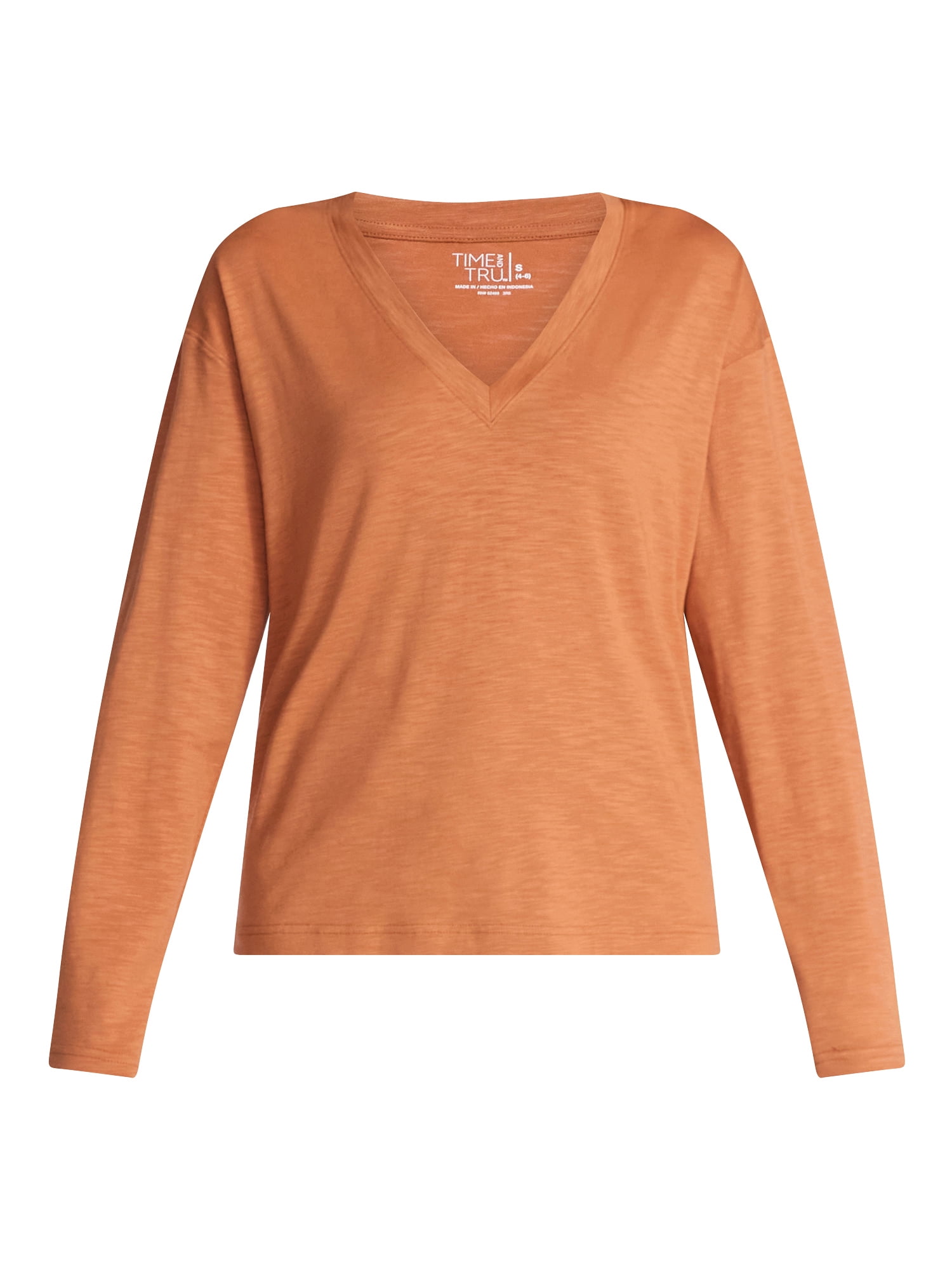 Time and Tru Women's Boxy Slub V-Neck Tee with Long Sleeves, Sizes XS-XXXL