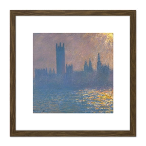 Claude Monet Houses Of Parliament Sunlight Effect 8X8 Inch Square Wooden Framed Wall Art Print Picture with Mount
