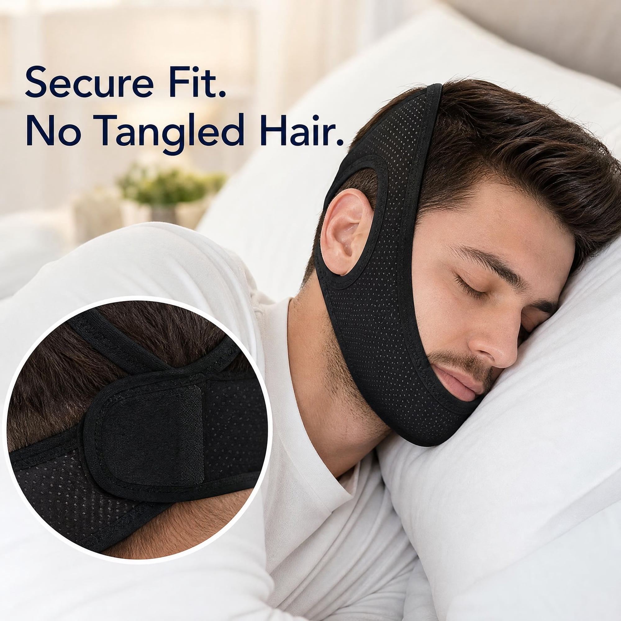 XunKA Anti-Snore Chin Strap, Breathable Adjustable Jaw Support, Non-Stick, Fade-Resistant Black