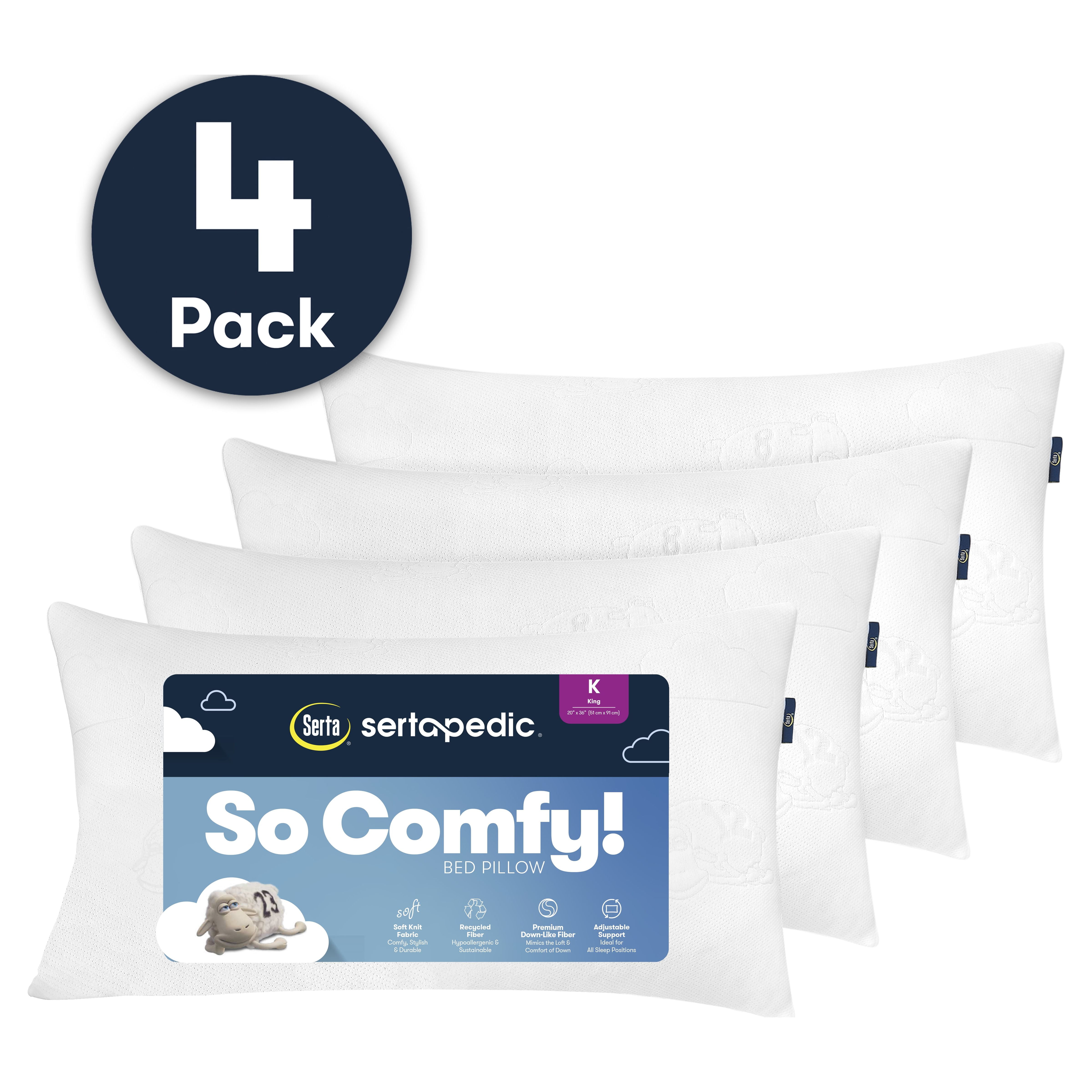 Serta So Comfy Bed Pillow, Standard, 4 Pack