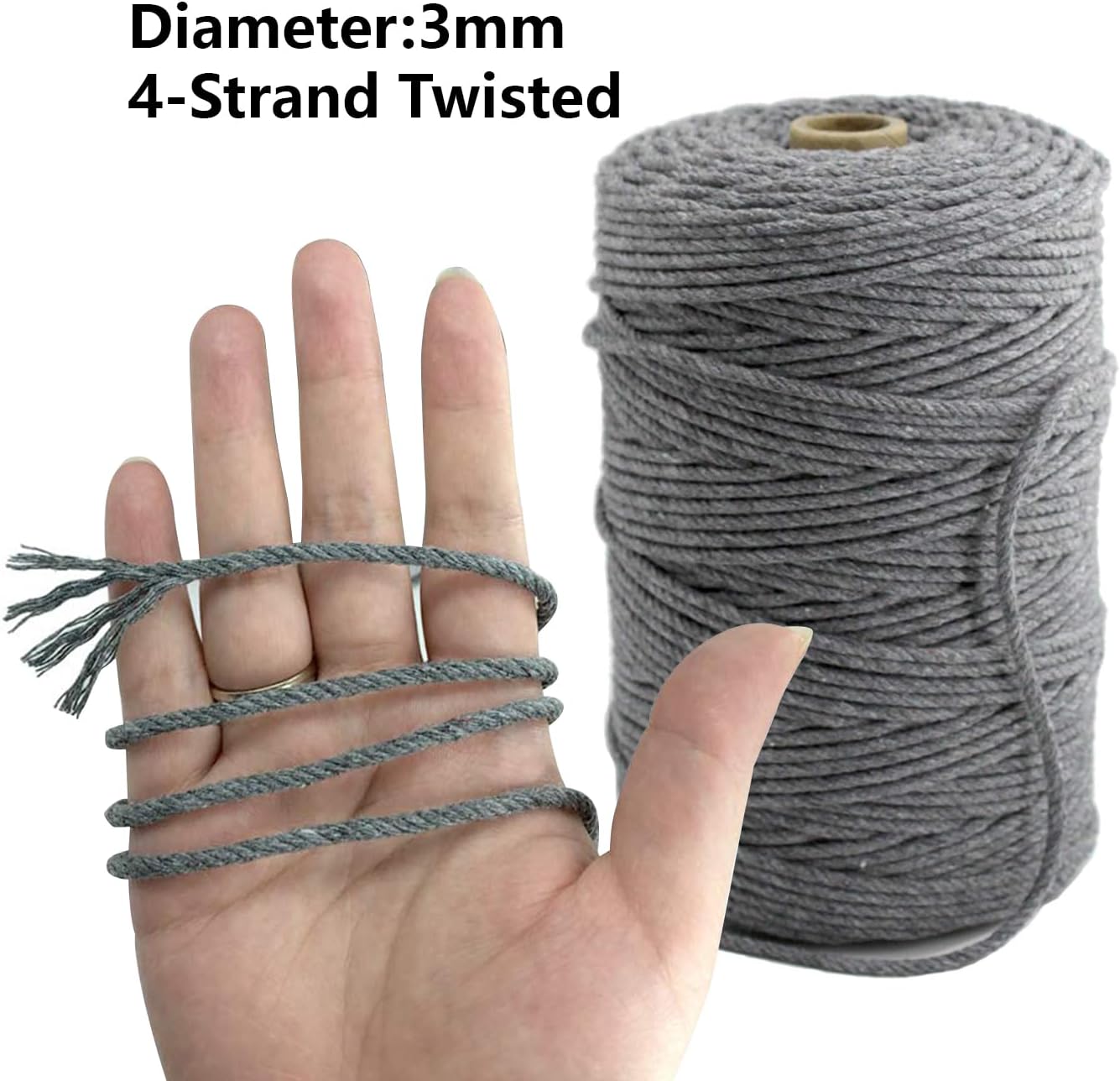 Macrame Cord, 3mm x 219 Yards Dark Gray Cotton String Macrame Rope, 4 Strand Twisted Soft Cotton Cord for Wall Hanging, Plant Hangers, Crafts, Knitting,Dark Gray