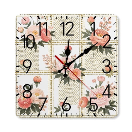 RKSupls 10×10inch Square Silent Wall Clock Wooden Frame, Pink Peony Gold Grid Scale Decorative Clock for Home Bedroom Living Room Office