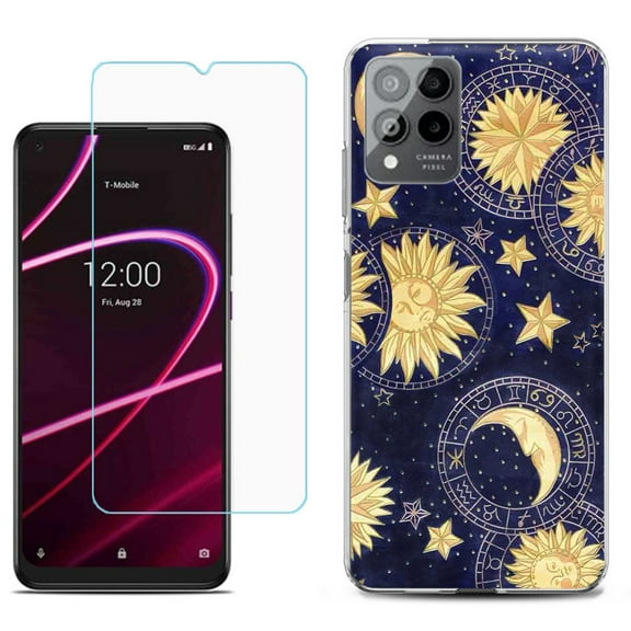 Slim-Fit Gel TPU Phone Case for T-Mobile Revvl 6 Pro 5G, with Tempered Glass Screen Protector, by OneToughShield ® - Moon Sun Star