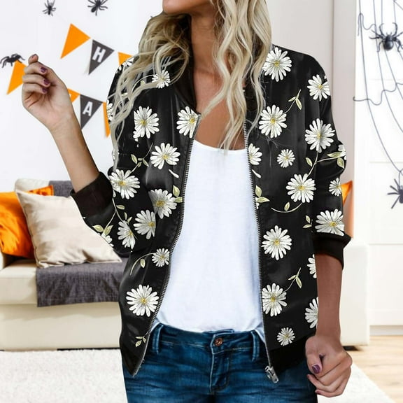 FAOWME Womens Casual Coat Long Sleeve Zipper Flower Print Slim Fit Fashion Lightweight Jacket For Casual Daily Wear,Black,L