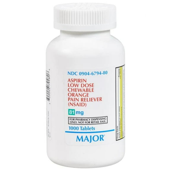 Major Aspirin Low Dose 81mg 1000 Chewable Tablets Orange Flavor