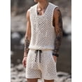 thumbnail image 5 of Men Crochet 2 Piece Outfits Mesh Sheer Tank and Shorts Summer Fishnet Shorts Set for Beach Casual Milky White M, 5 of 7