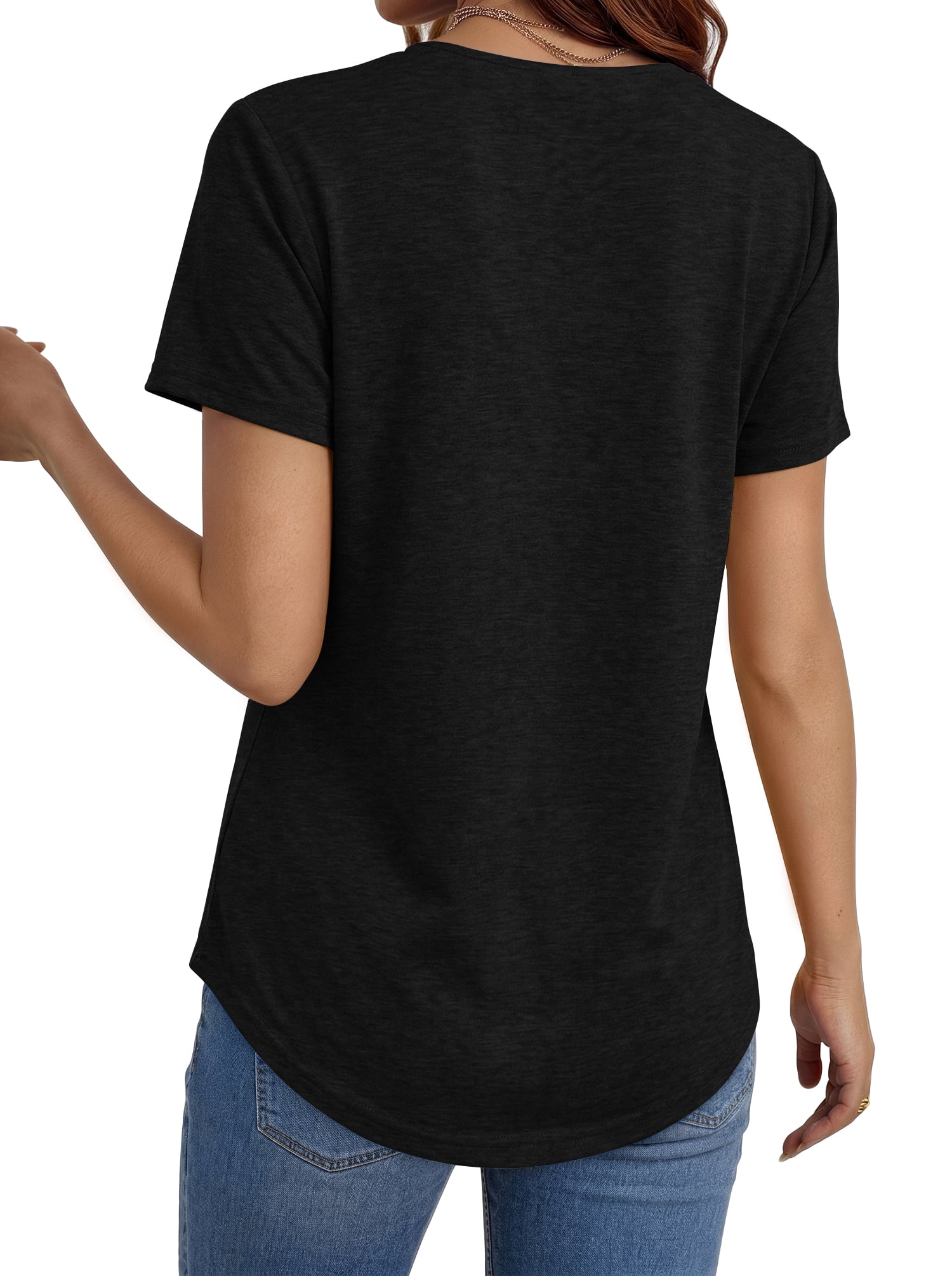 MOSHU Deep V Neck Womens Tops Curved Hem Shirts for Women Fashion Trendy Blouses Casual Loose Fit Tees Tops