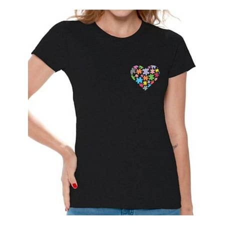 Heart Support Shirts - Awkward Styles Autism Awareness Shirts for Women Heart Pocket T-shirt Autism Gifts Love Puzzle Tshirt for Women Support Autism Awareness Women's T Shirt Tops Autistic Spectrum Awareness Shirts
