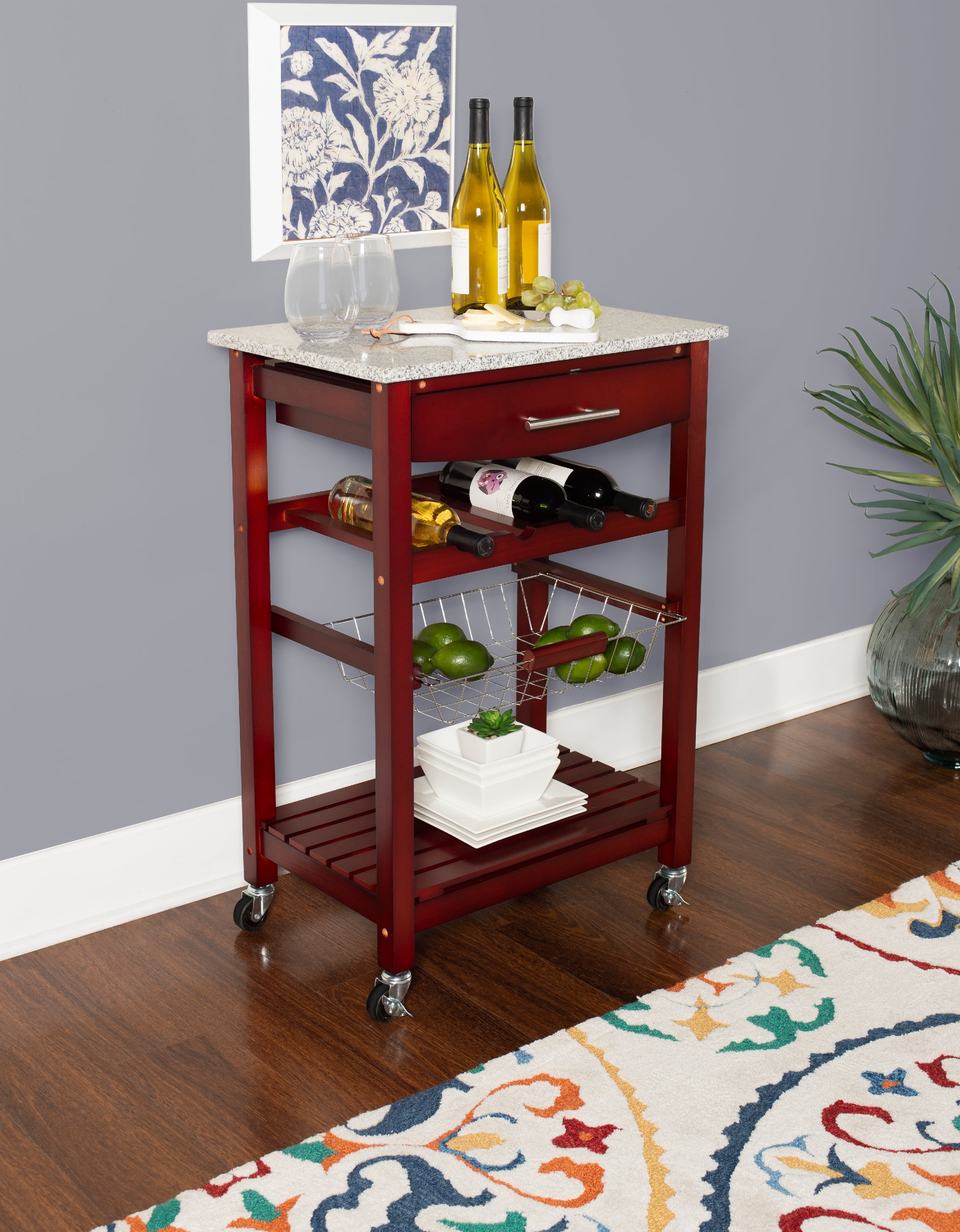 Linon Neyrey Mobile Kitchen Island with Speckled Granite Top, Wenge