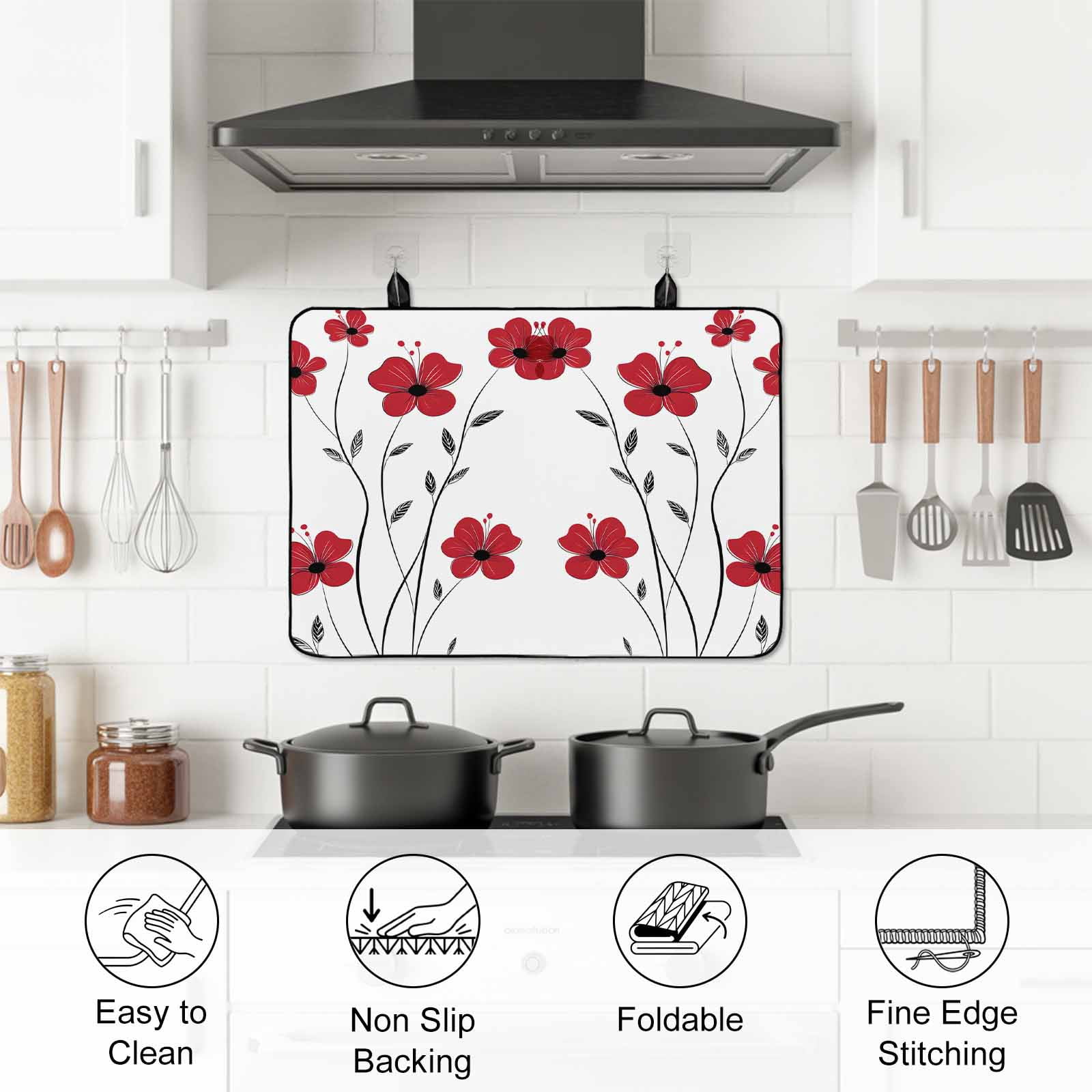 Red Floral Spring Stove Top Cover for Electric Stove, Heat-proof & Non Slip Glass Top Stove Cover Protector, Summer Botanical Pastoral Elegant Kitchen Flat Cooktop Rubber Mat 24x21 Inches
