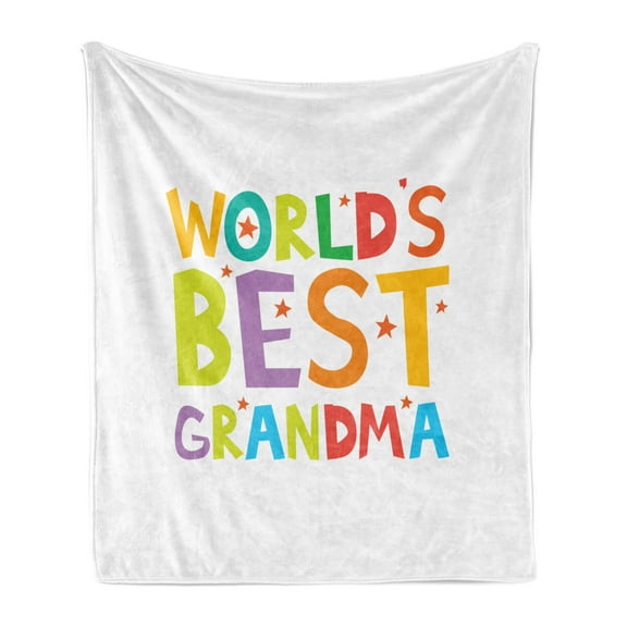 Grandma Soft Flannel Fleece Blanket, Cartoon Style Lettering Worlds Best Grandma Words with Stars Colorful Illustration, Cozy Plush for Indoor and Outdoor Use, 70" x 90", Multicolor, by Ambesonne