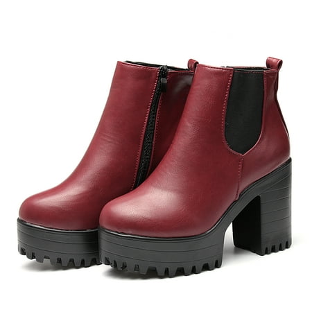 Meigar Winter Women Platform Shoes Leather Chunky Heel Boots