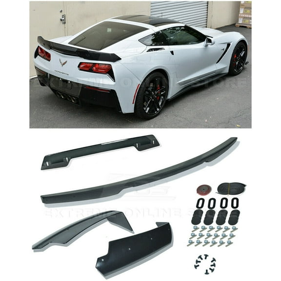 Extreme Online Store Replacement for 2014-2019 Chevrolet Corvette C7 All Models | Z06 Z07 Stage 3 Style Rear Trunk Lid Wing with Smoke Tinted WickerBill Spoiler (ABS Plastic - Primer Black) 
