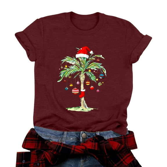 zaveiop Christmas in July Shirt Women Christmas Palm Tree T Shirt Christmas Hawaiian Vacation T-Shirt Summer Casual Tee Tops (Wine, XL)