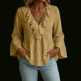 thumbnail image 5 of Mwjwdo Womens Long Sleeve Flare Cuff Ruffle V Neck Dressy Casual Textured Relaxed Fit Peplum Blouse Summer Shirts, 5 of 7