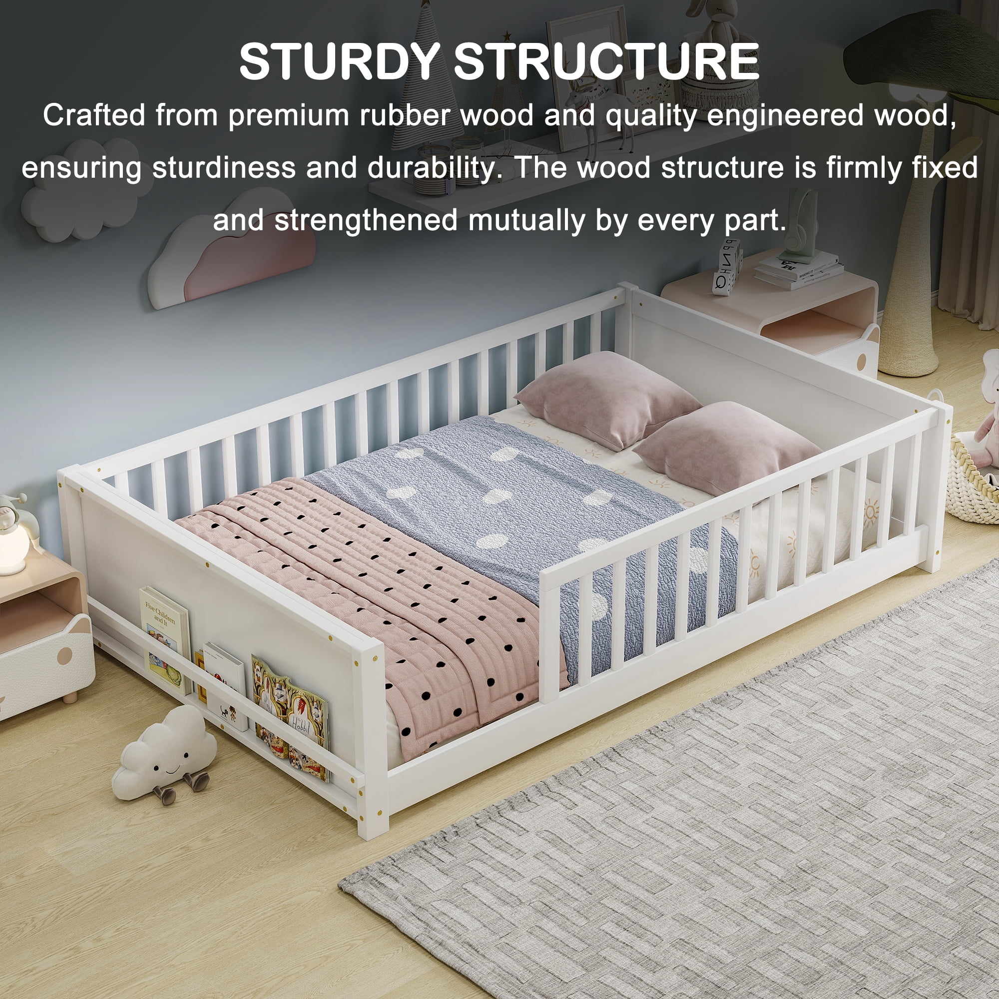 Miniyam Full Size Kids Floor Bed with Guardrails and Bookshelf, Wooden Low Profile Bed, White