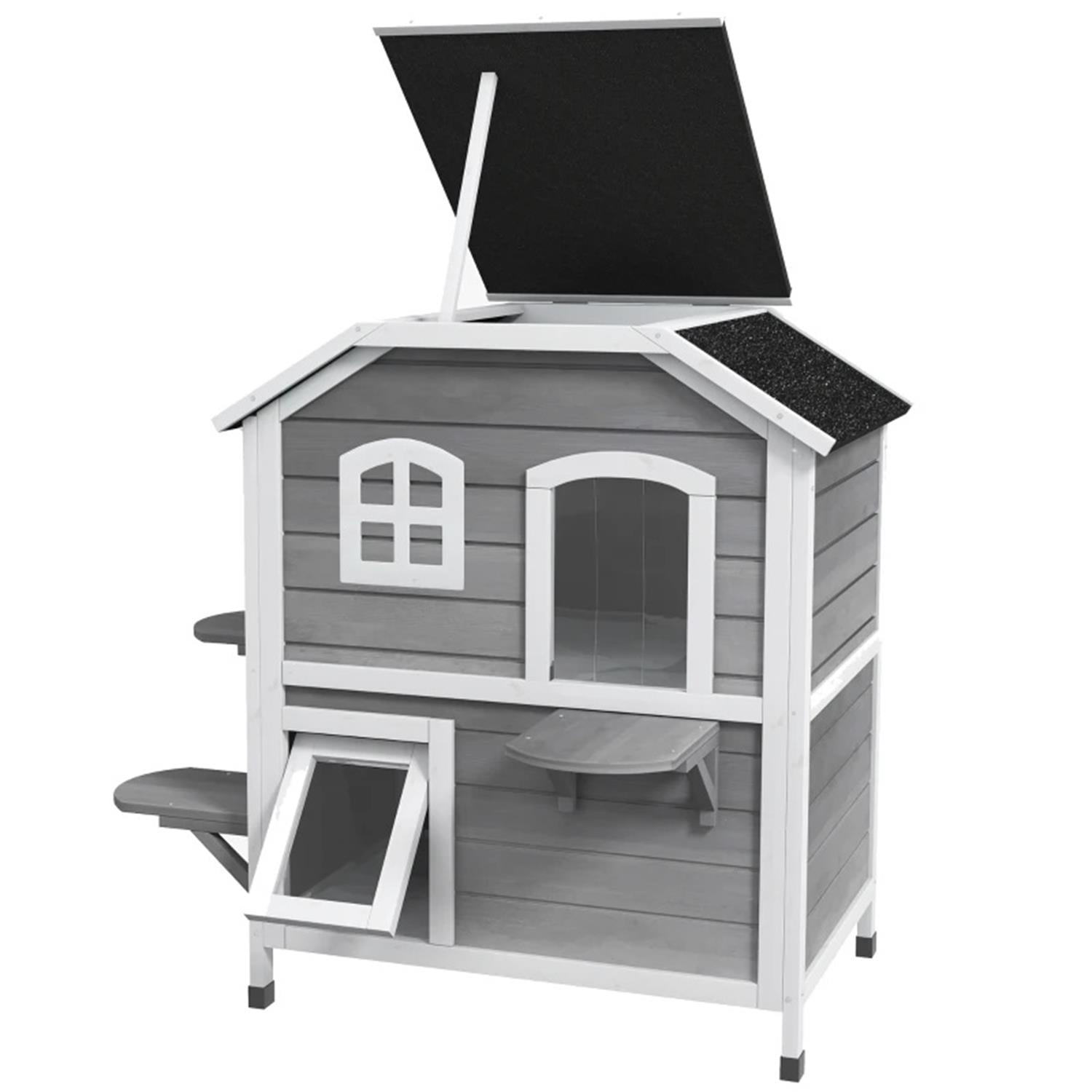 Pefilos 35" Wooden Cat House 2-Story Indoor Outdoor Luxurious Cat Shelter with Jumping Platforms, Openable Weatherproof Roof, Escape Door, Gray