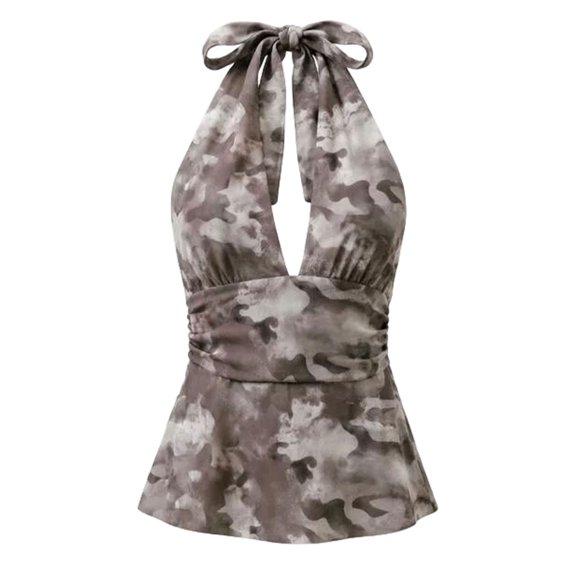 oqasdz Tank Tops for Women Elegant Sleeveless Halter Neck Tie Backless Ruffle Print Cropped Top Fashion Clothing Casual Summer,Grey,S