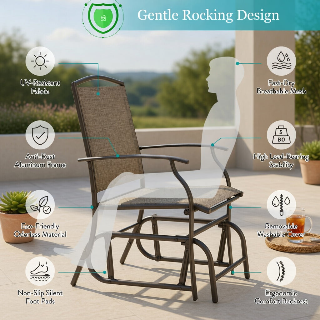 Hommoo 2-Pack Outdoor Patio Swing Glider Chair, Heavy-Duty Wrought Iron Rocking Seating with Breathable Fabric, Garden Chair for Deck, Backyard & Porch, Gray