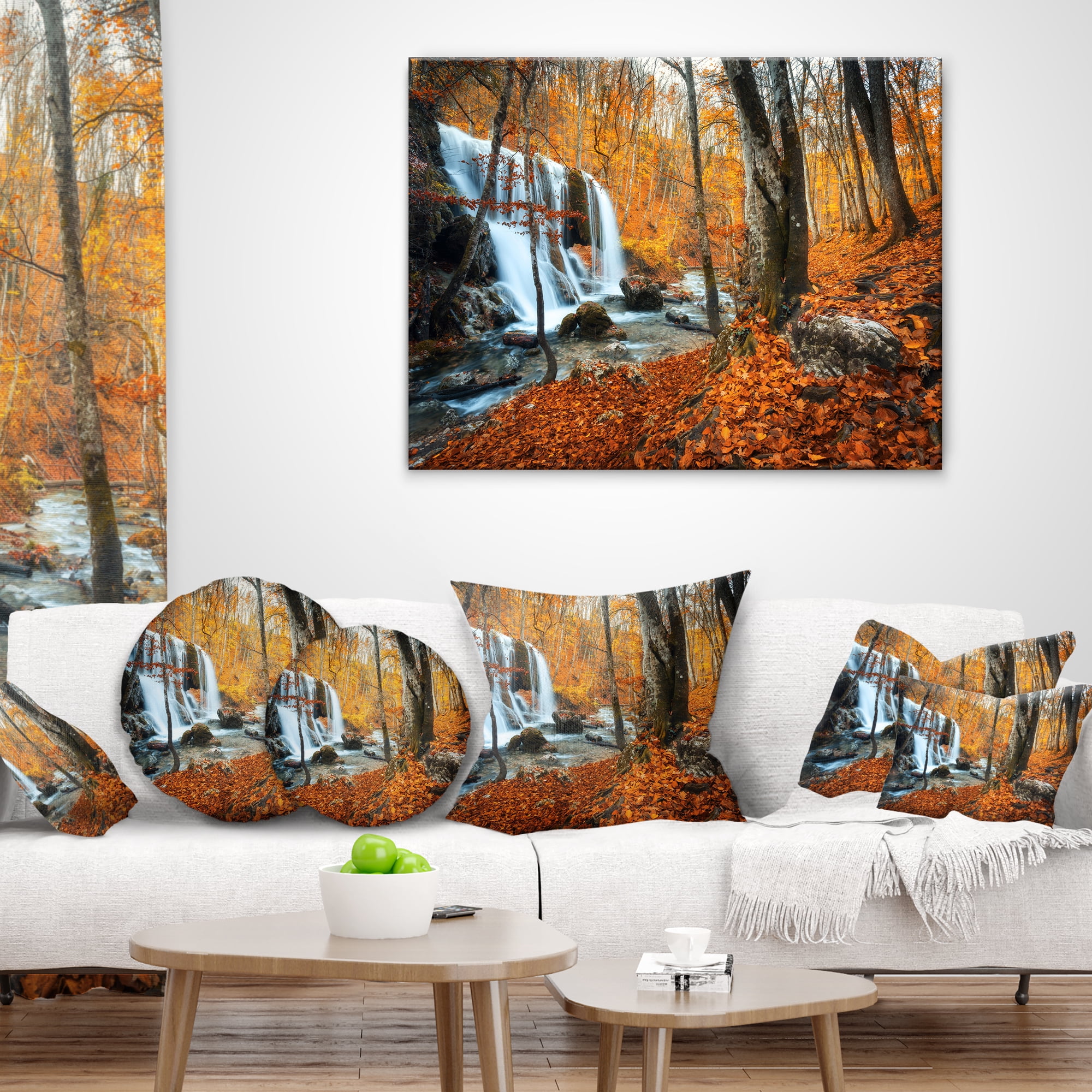 Designart Autumn Mountain Waterfall Close View - Landscape Photography Throw Pillow - 16x16