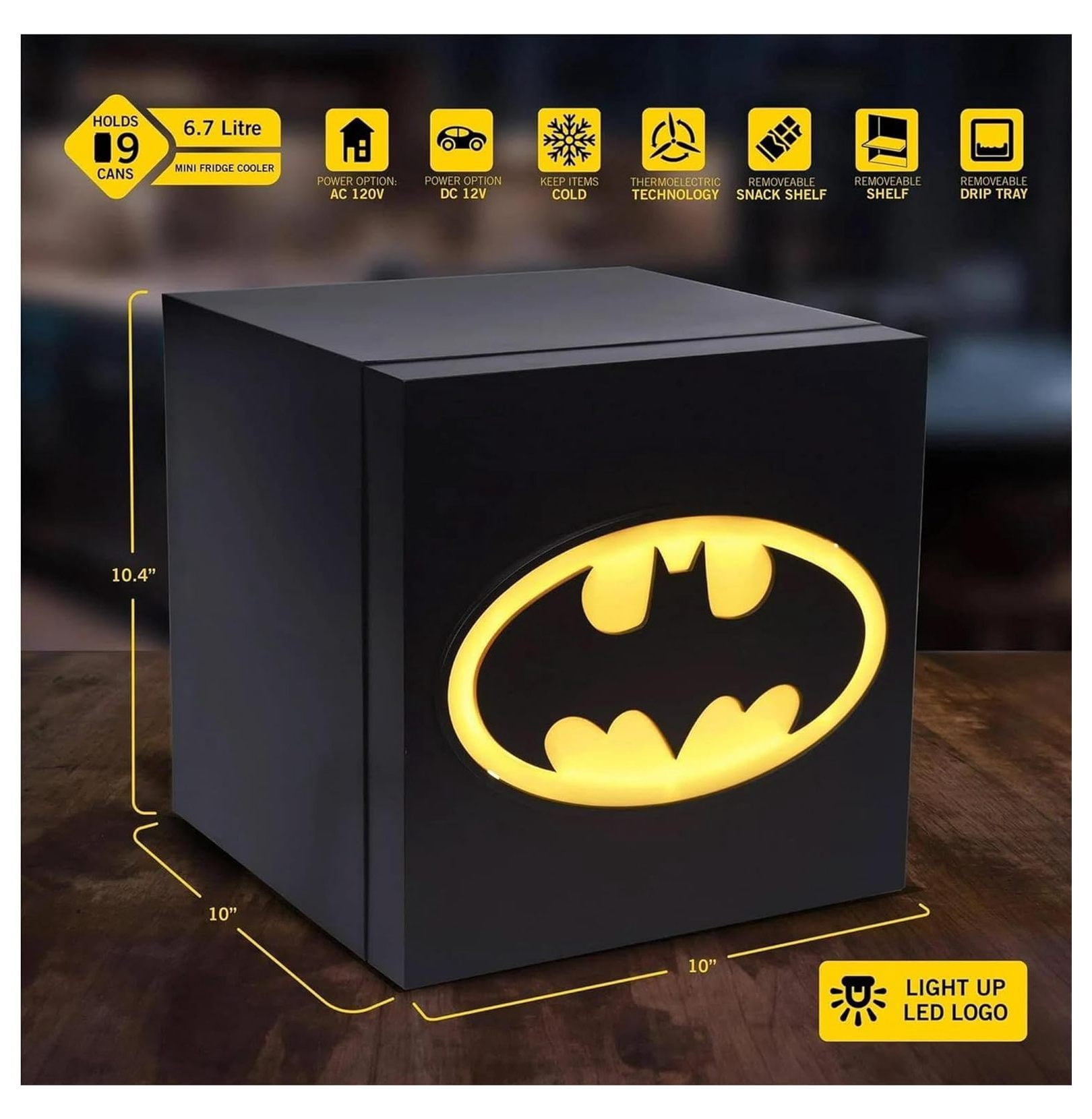 Batman Thermoelectric Cooler - 6.7L Mini Fridge Holds 9 Cans - Portable Electric Cooler for Home, Office, Dorm - Black & Yellow