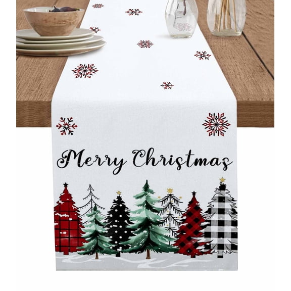 Christmas Tree Table Runner 72 Inches, Xmas Trees Winter Snowflake Bed Runner Dresser Scarves Tabletop for Indoor Outdoor Parties/Ceremony/Banquet, 13" x 72"