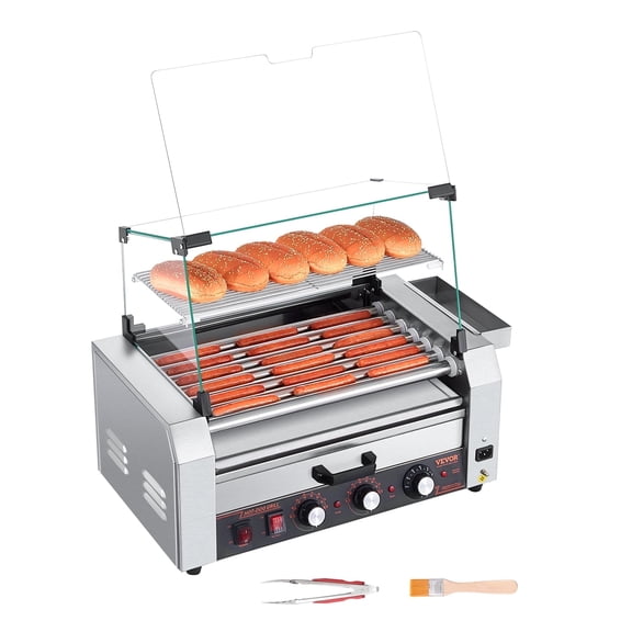 VEVOR Hot Dog Roller, 18 Hot Dog 7 Rollers, Stainless Steel Sausage Grill Cooker, 1200W Hot Dog Machine with Bun Warmer, Cover, 3 Temp Control, Side Storage Box, Oil Drip Tray, for Home & Commercial