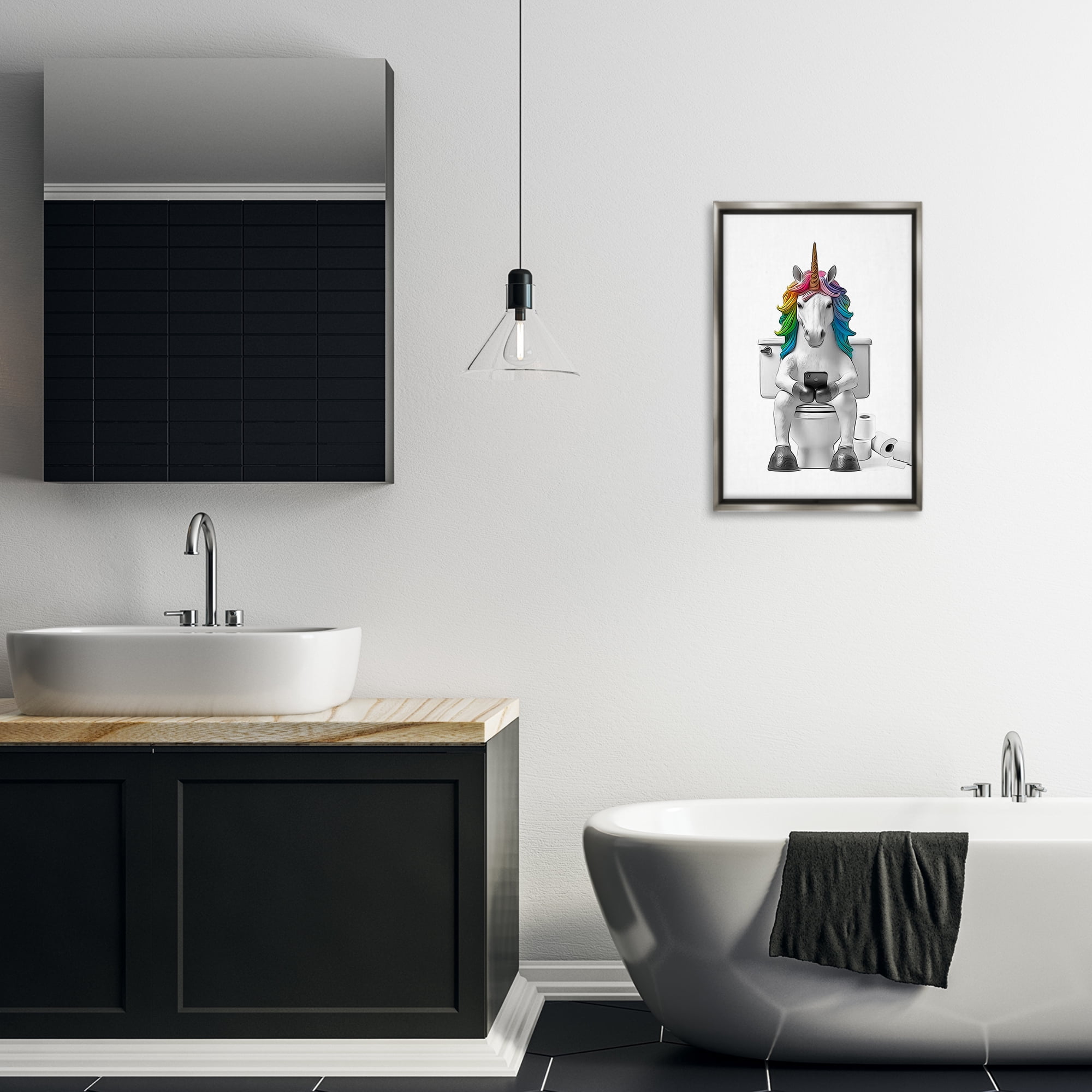 Stupell Industries Unicorn Texting on Toilet Typography Painting Gray Floater Framed Canvas Art Print Wall Art, 17 x 25
