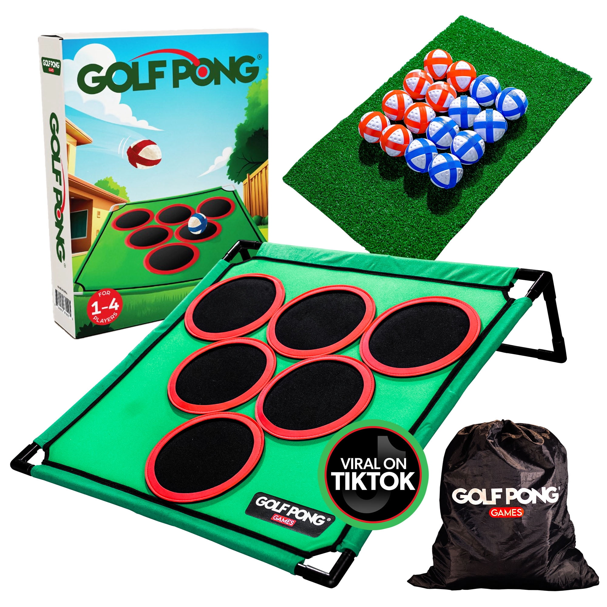 Golf Pong – Backyard Golf Game with 16 Chipping Velcro Balls & Mat, Yard and Outdoor Games Family, Indoor Golf Set for Home, Beach or Party, Lawn Games for Family Outdoor